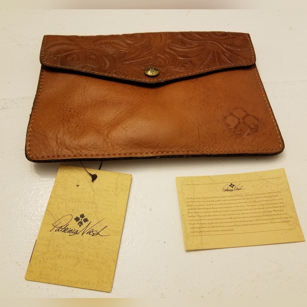 Patricia Nash Leather Brown Clutch Wallet Purse Burnished Tooled